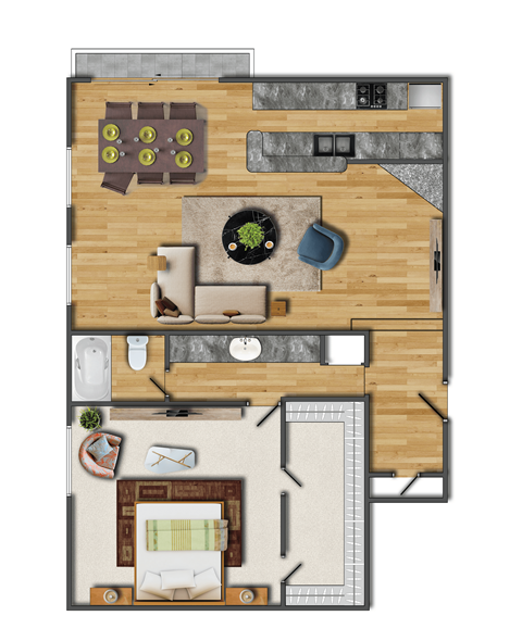 Floor plan for 1 bed, 1 bath, 825 sqft